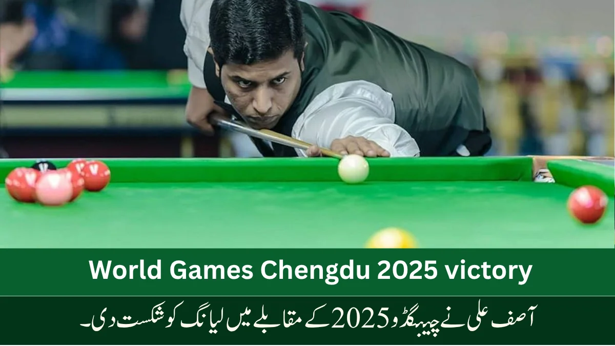 Asif triumphs over China’s Liang in the World Games Chengdu 2025 during a focused snooker shot on the green table.