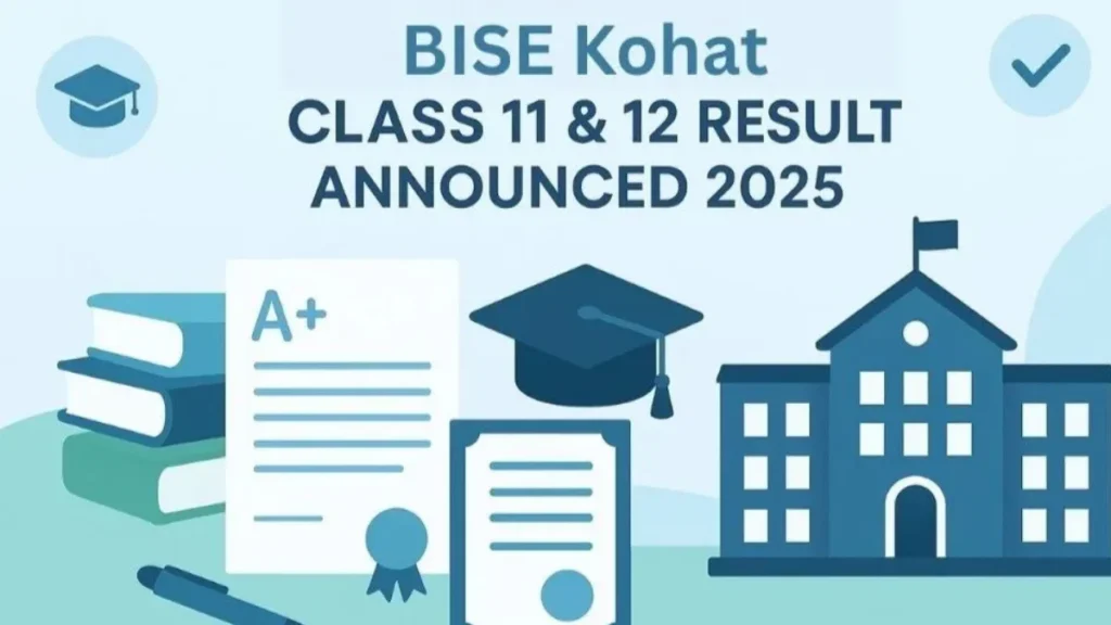 How to Check BISE Kohat Board Class 12th (HSSC Part II) 2025 Result announcement with books, certificates, and graduation cap