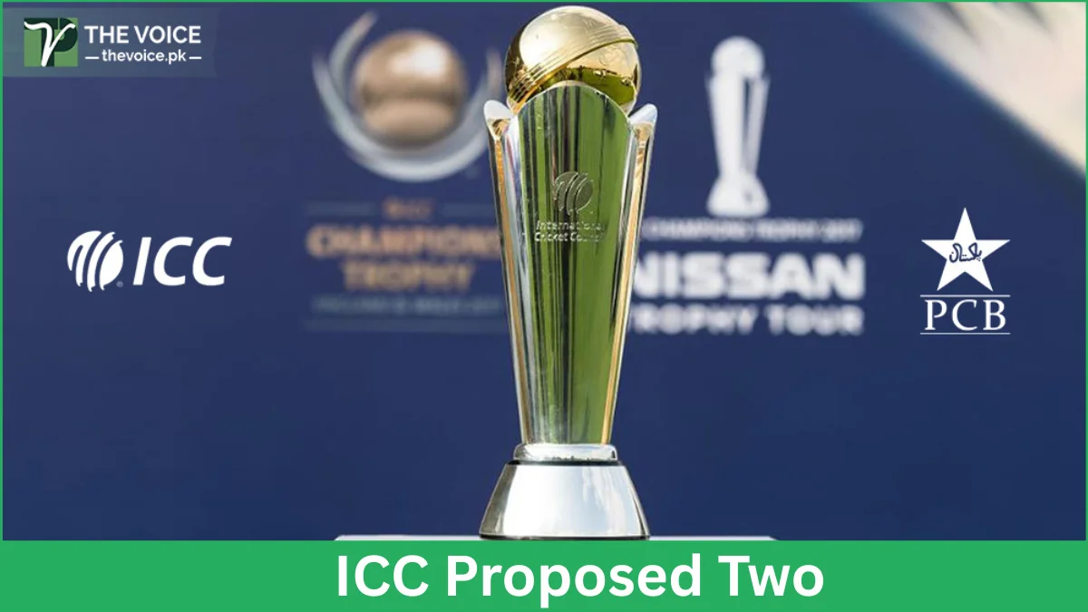 "ICC Proposed Two trophy with ICC and PCB logos displayed during cricket championship event"