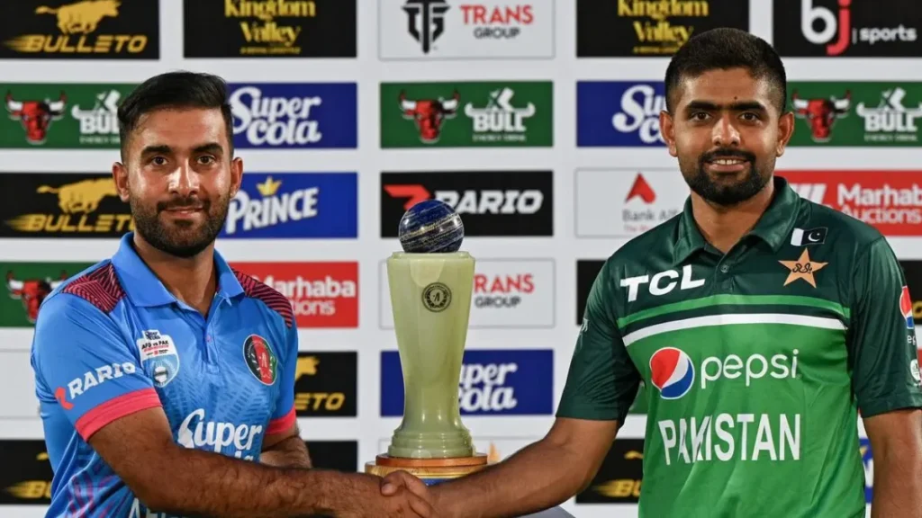 Pakistan vs Afghanistan cricket captains shaking hands before the trophy presentation during the series 2025