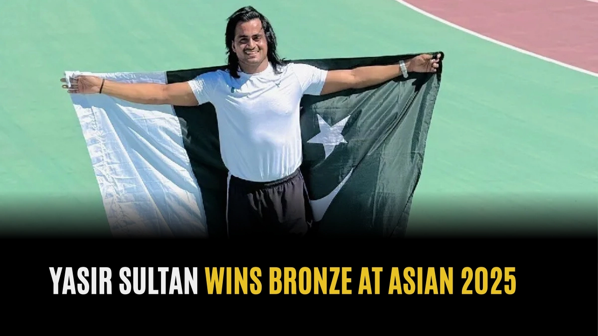 Yasir Sultan Wins Bronze at Asian 2025 while proudly holding Pakistan’s flag on the athletics track.