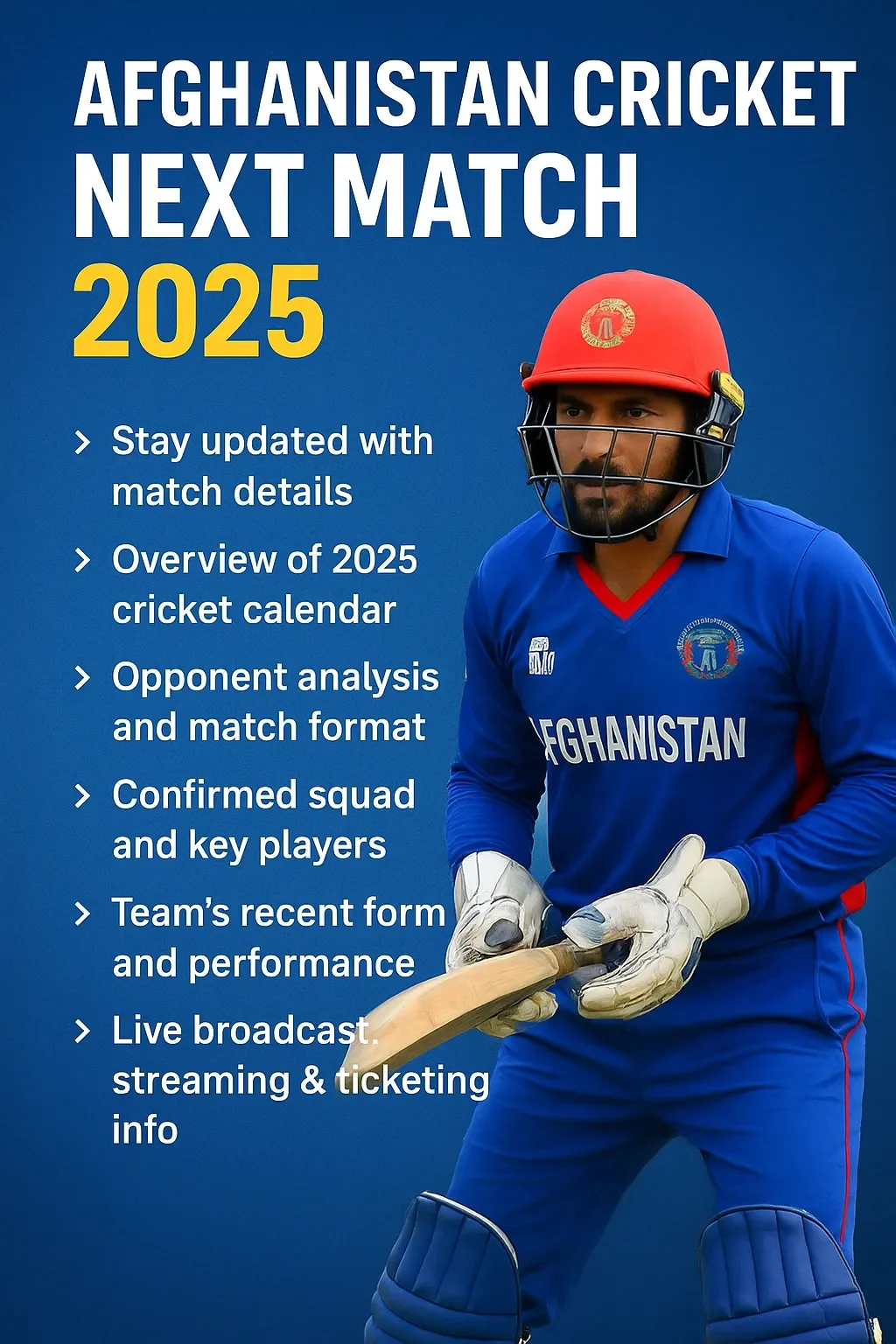 Afghanistan Cricket next Match 2025 poster with key details about schedule, players, performance updates, and live streaming info.