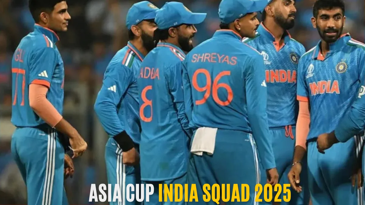Asia Cup India Squad 2025 players in blue jerseys during team huddle, ready for the upcoming cricket tournament.