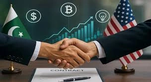 Pakistan and US officials shaking hands on a trade agreement, symbolizing stronger US Trade relations with economic growth icons in the background.