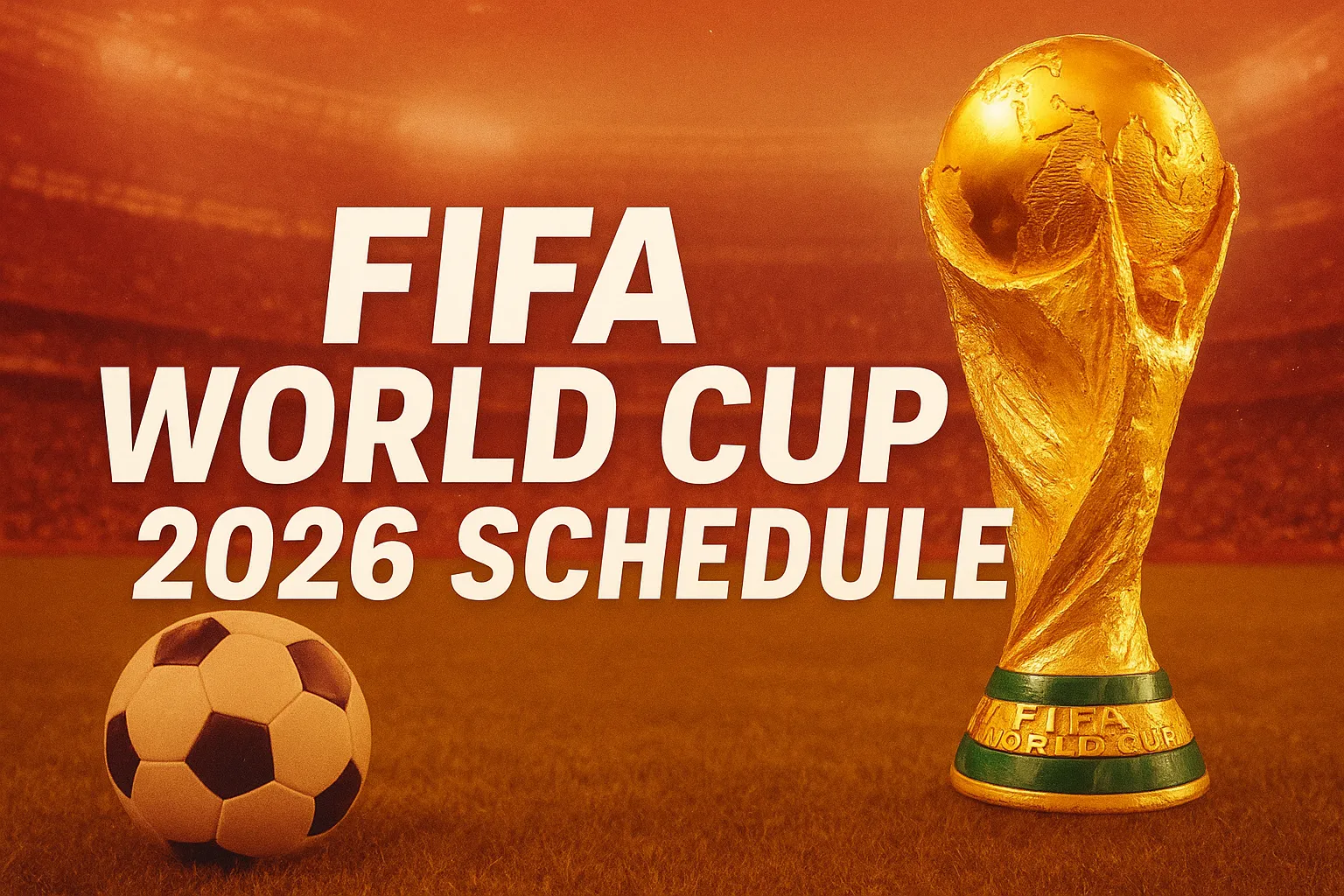 FIFA World Cup 2026 schedule graphic with trophy and football on stadium field