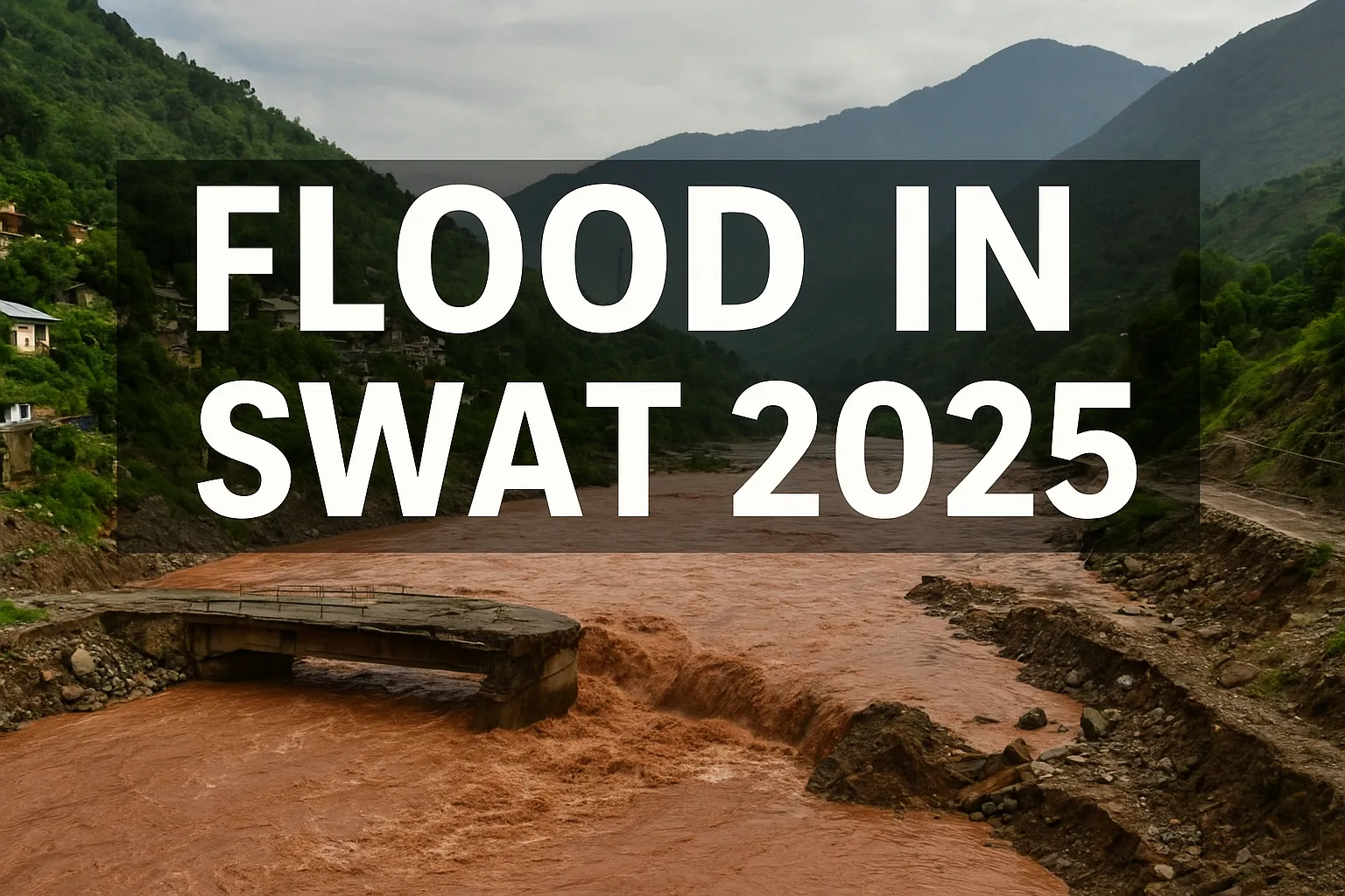 Flood in Swat 2025 showing heavy river flow, damaged bridge, and destruction in Swat Valley Pakistan