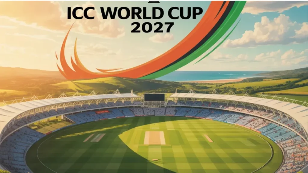 ICC World Cup 2027 host country announcement with cricket stadium view and tournament logo