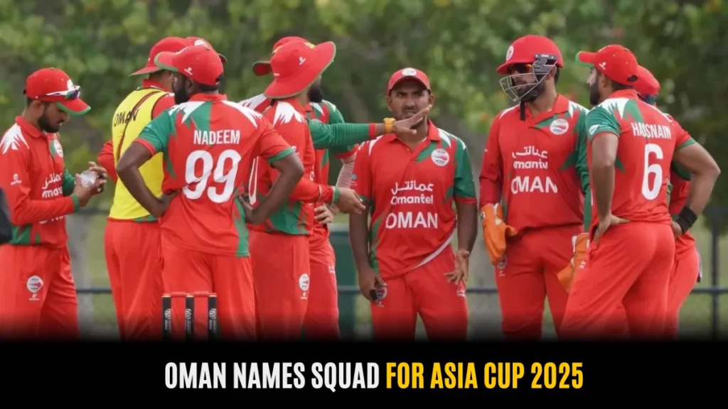 Oman names squad for Asia Cup 2025 as players gather in team huddle wearing official red cricket uniforms.
