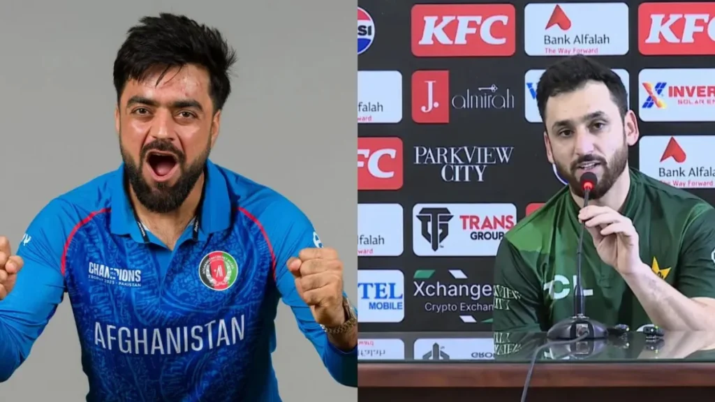 Rashid Khan and Pakistani player at press conference ahead of Pak vs Afg Tri-Series 2025 opener.