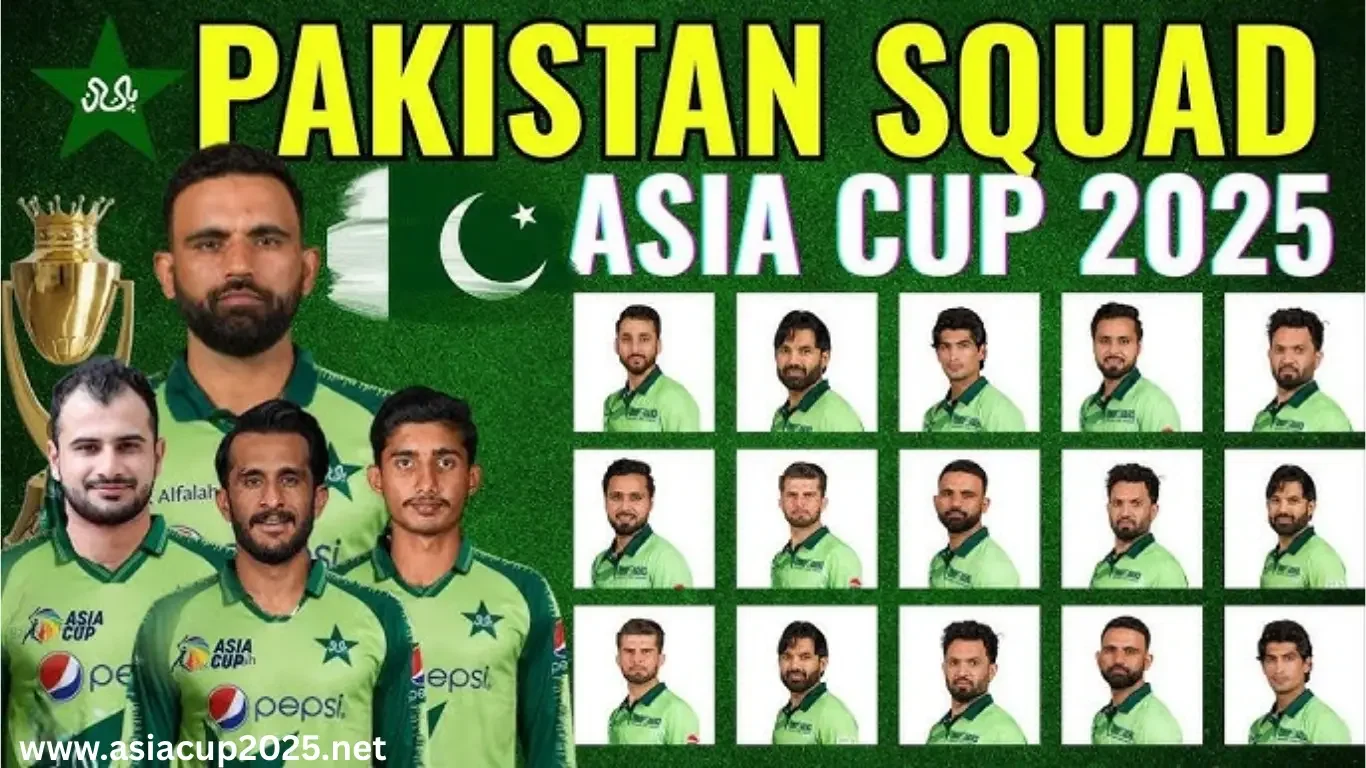Pakistan’s Asia Cup 2025 Squad Announcement featuring new players in team green, highlighting fresh team lineup ahead of the tournament.