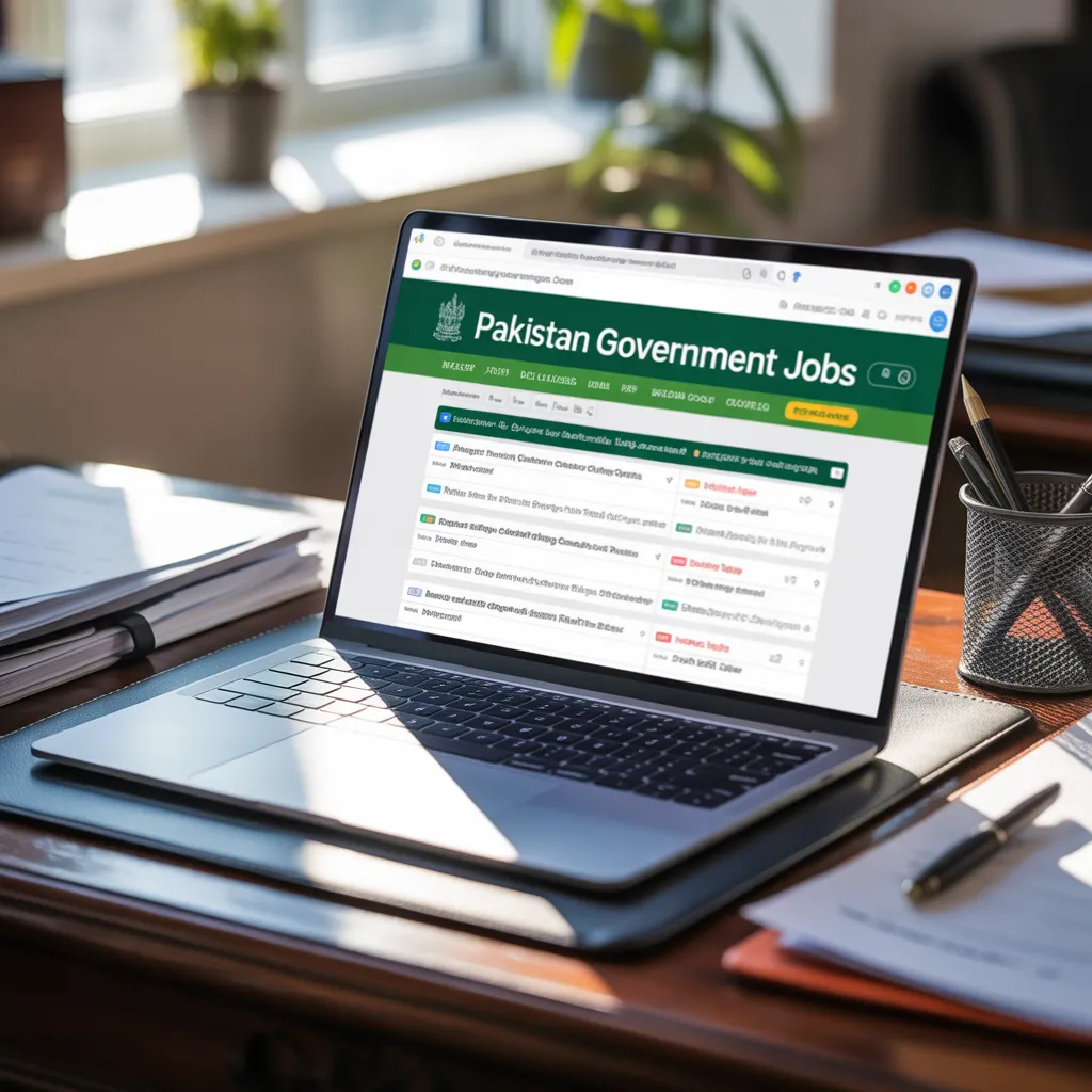 "Laptop showing official portal for government jobs in Pakistan with latest vacancies and recruitment updates."