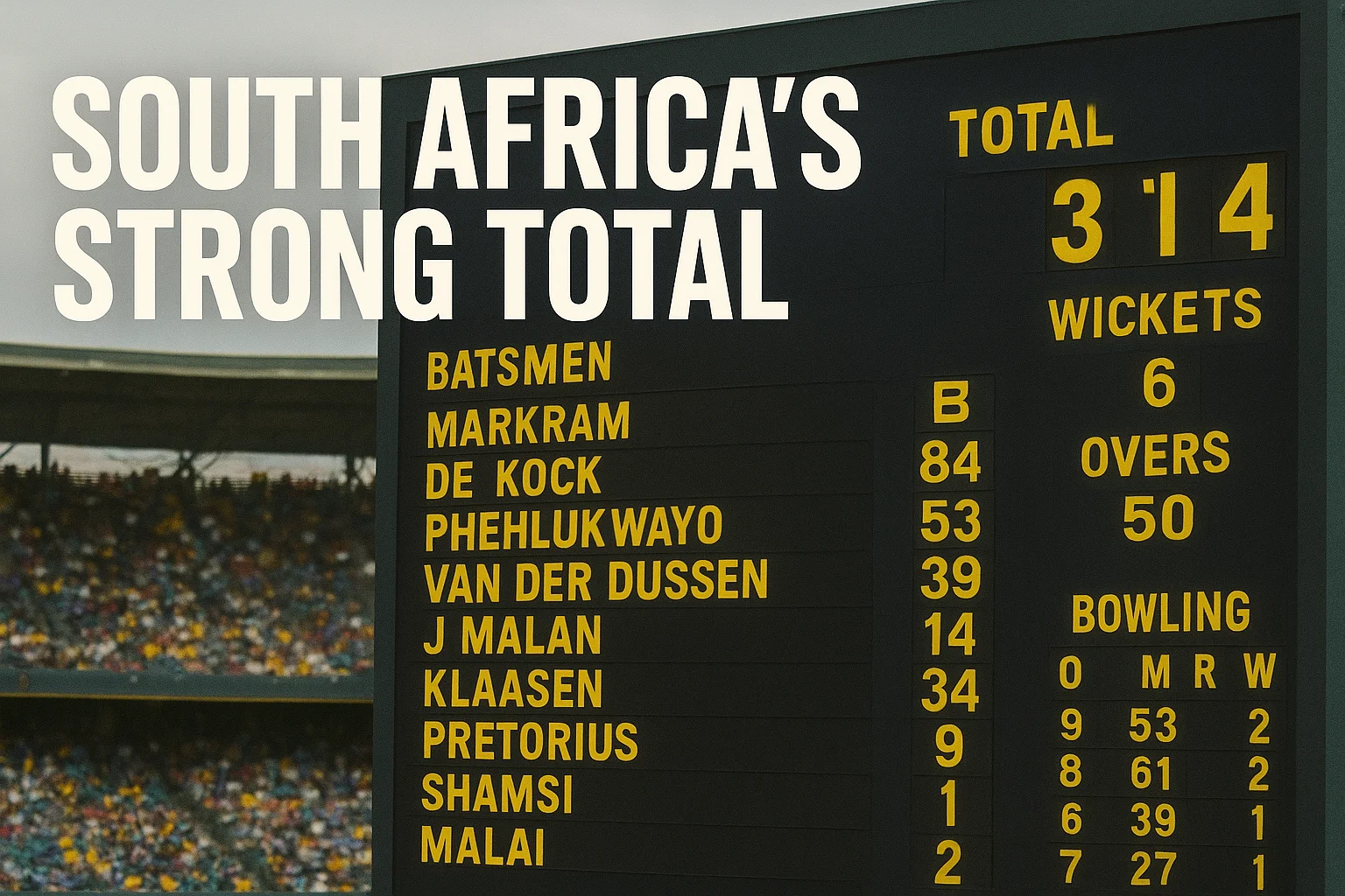 South Africa’s strong total of 314 runs in 50 overs highlights batting power against Australia in thrilling cricket match.