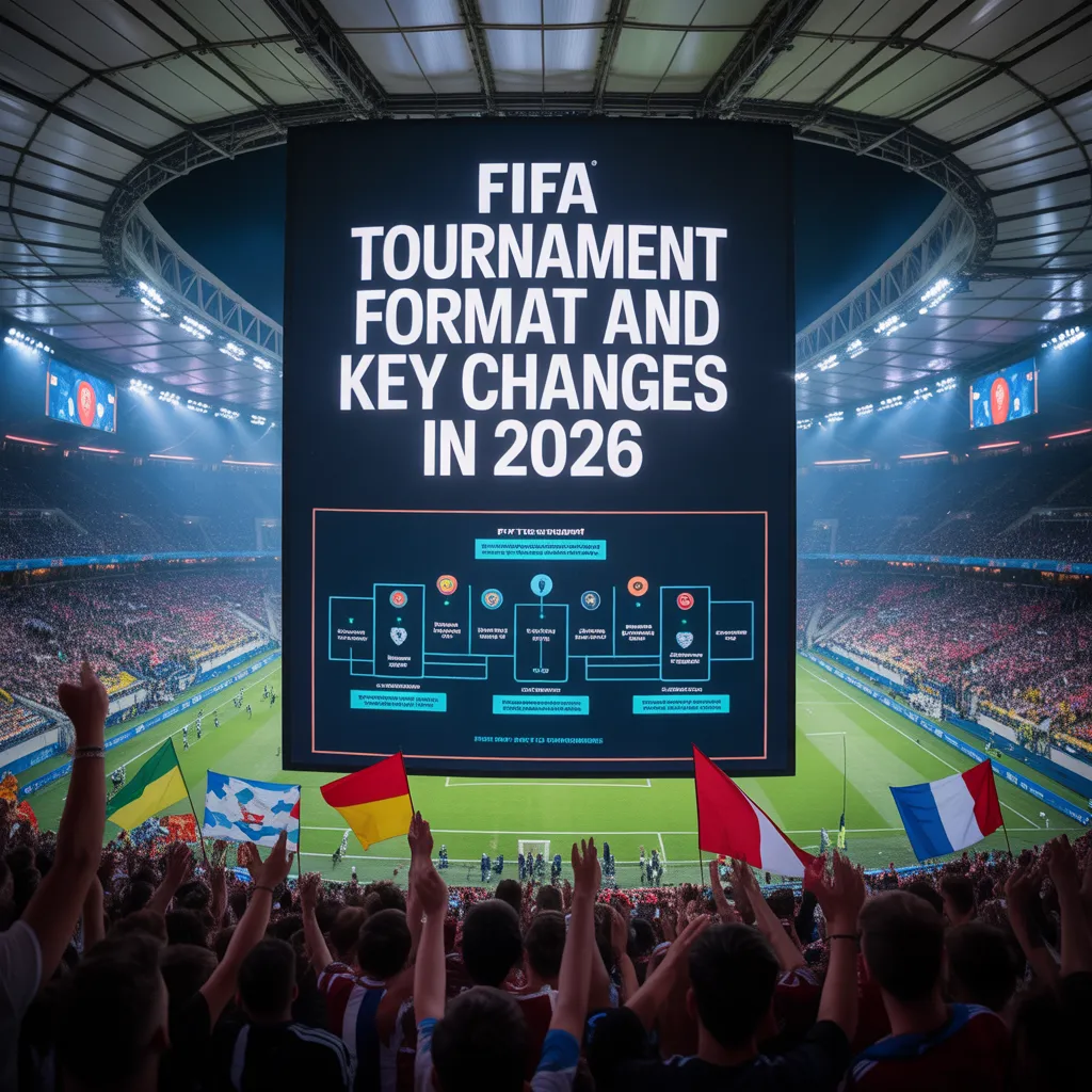 Fans watch stadium screen showing FIFA World Cup 2026 schedule format and key changes