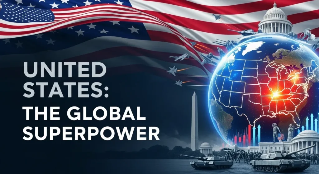 Illustration of the United States as a leading force among the Top 10 Powerful Countries in the World with military and economy.