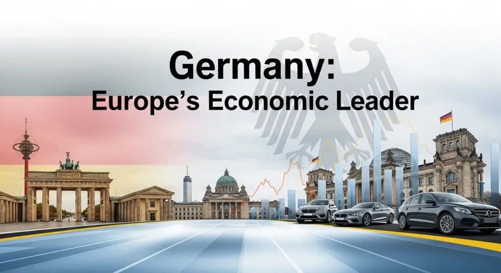 Germany's economic strength showcased with landmarks and cars, highlighting its role in the Top 10 Powerful Countries in the World.