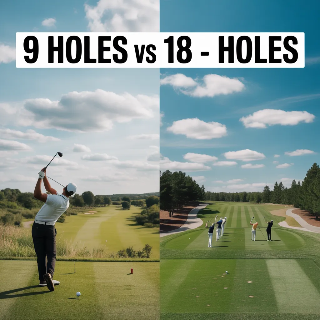 Comparison of golfers playing on 9 holes vs 18 holes golf courses under clear skies.