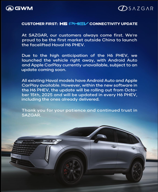 Update for Haval H6 PHEV: SAZGAR Rolls Out Connectivity Features in Pakistan