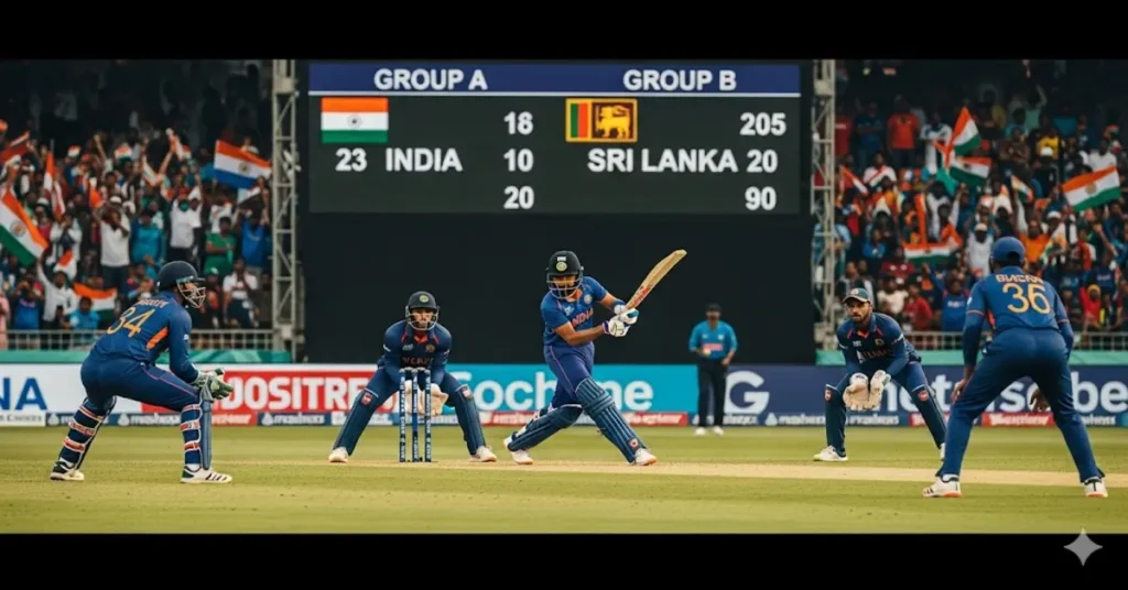 India vs Sri Lanka match during Asia Cup 2025 with live crowd and points table displayed in the background.