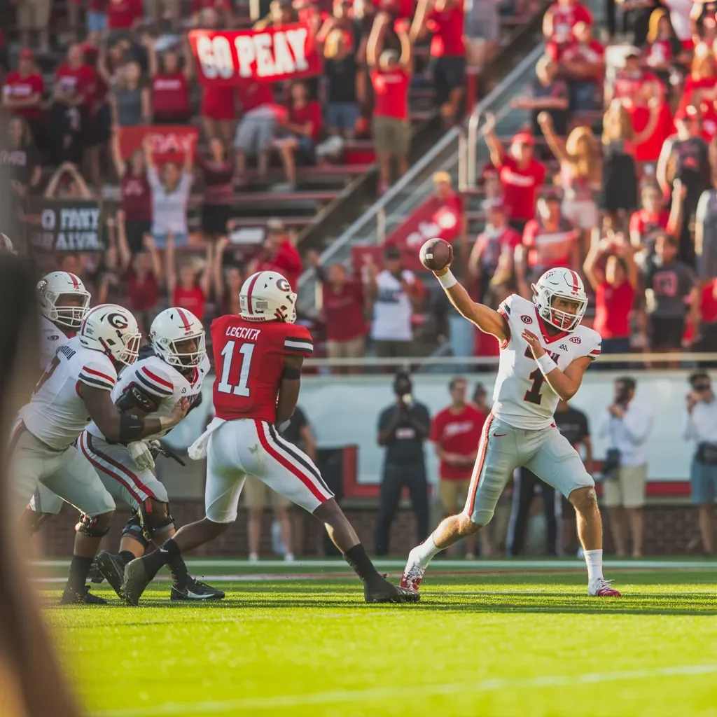 Austin Peay vs Georgia football game action with quarterback preparing to throw under defensive pressure.