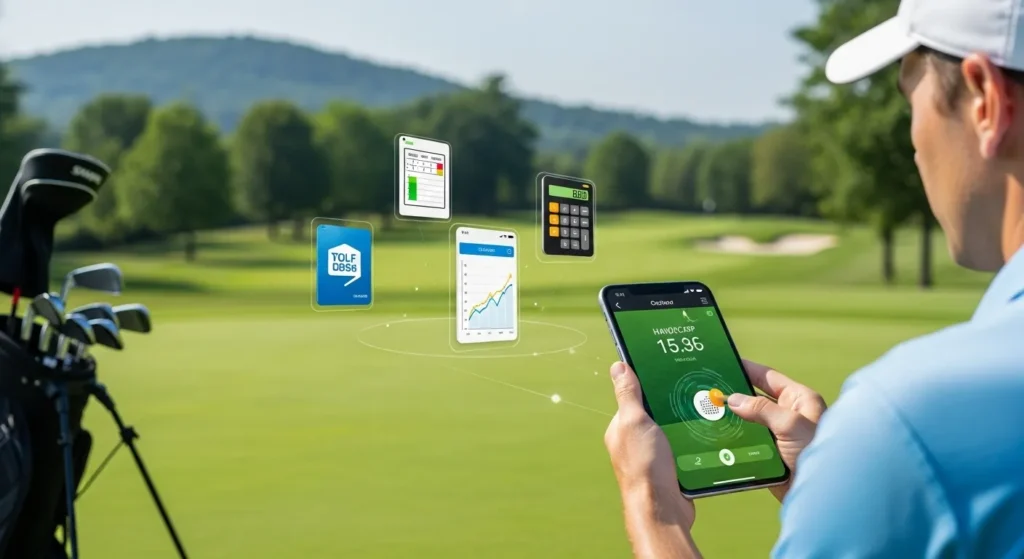Golfer using mobile apps and tools on course – How do you calculate a golf handicap with technology