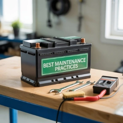 Golf cart battery on workbench with tools, highlighting best maintenance practices to extend golf cart battery life.