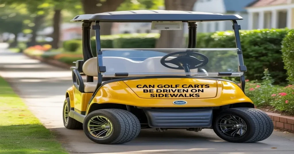 Yellow golf cart on a neighborhood sidewalk raising the question can golf carts be driven on sidewalks.