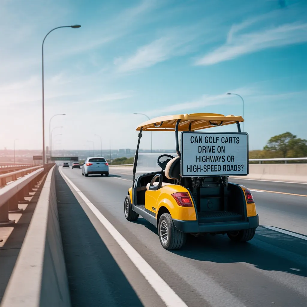A yellow golf cart driving on a busy highway, highlighting the question can golf carts drive on highways or high-speed roads?
