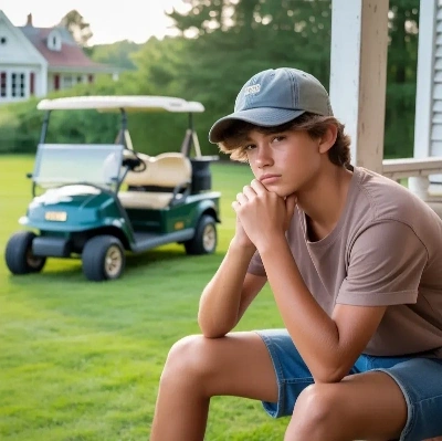 A teenage boy sitting outside with a golf cart in the background, asking can you drive a golf cart at 14, 15, or 16?