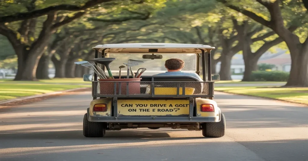 A man driving a golf cart with tools on a tree-lined street, raising the question can you drive a golf cart on the road.