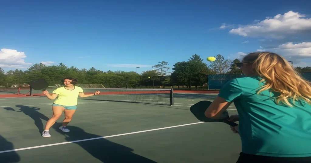 Two players enjoying a singles match on outdoor court – Can you play Pickleball with two People explained visually.