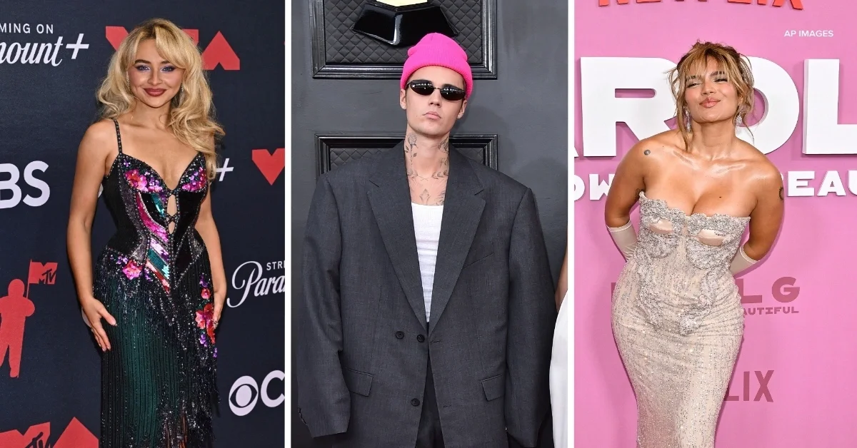 Celebrities in stylish outfits posing on the red carpet, highlighting music and fashion ahead of the Coachella 2026 Lineup.