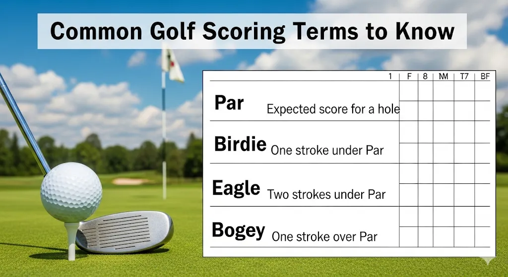 Common golf scoring terms chart explaining par, birdie, bogey, and what is an Eagle in Golf as two strokes under par.