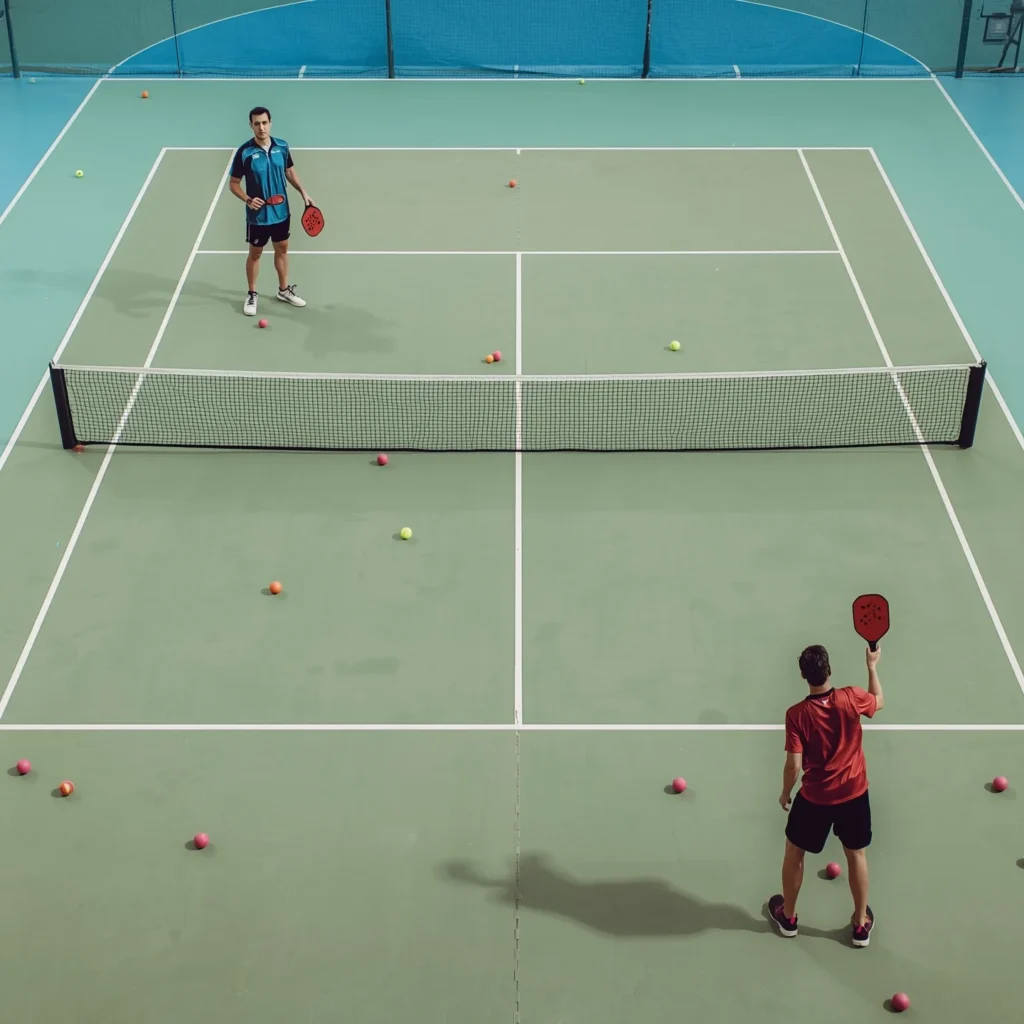 Court setup and equipment needed for two-person pickleball with paddles and balls on outdoor court