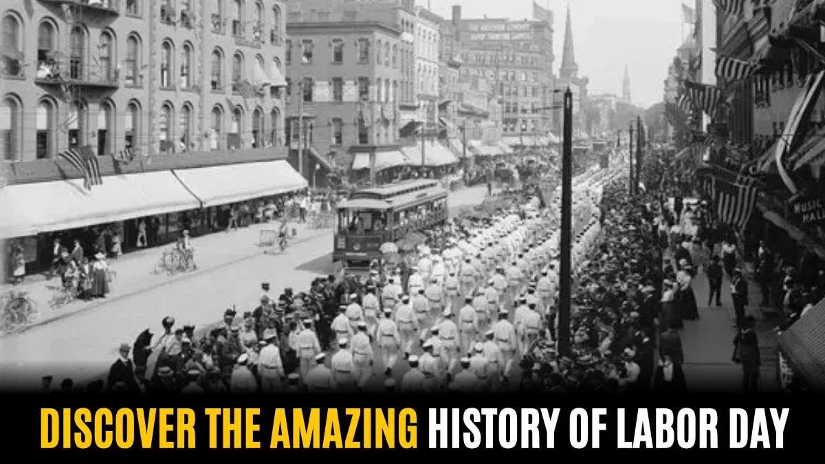 Discover the amazing history of Labor Day shown in a historic 1882 New York parade scene