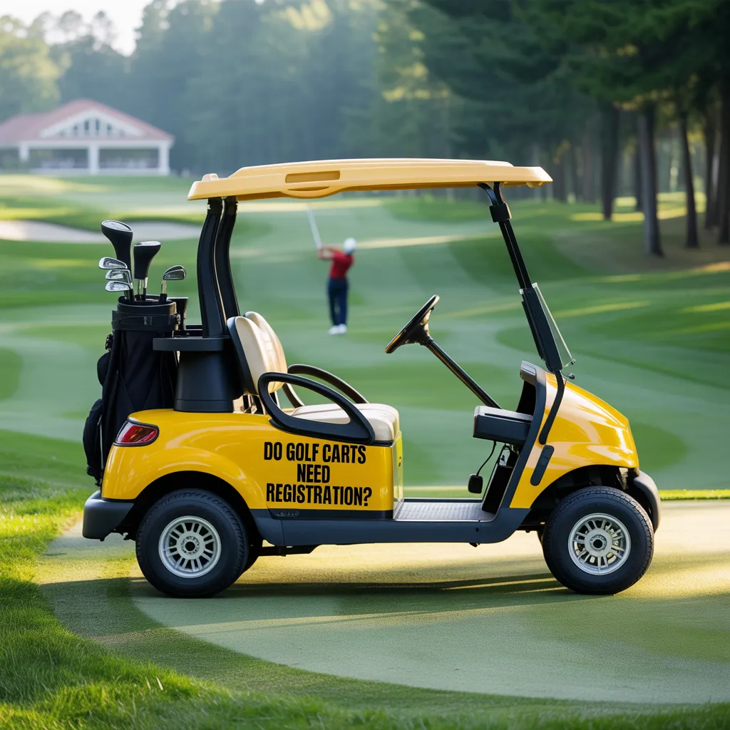 Yellow golf cart on a golf course with text asking, "Do Golf Carts Need Registration in Addition to a Title?"