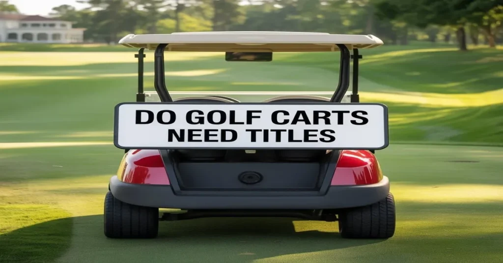 Rear view of a golf cart on a course with a sign asking do golf carts need titles in bold black letters.