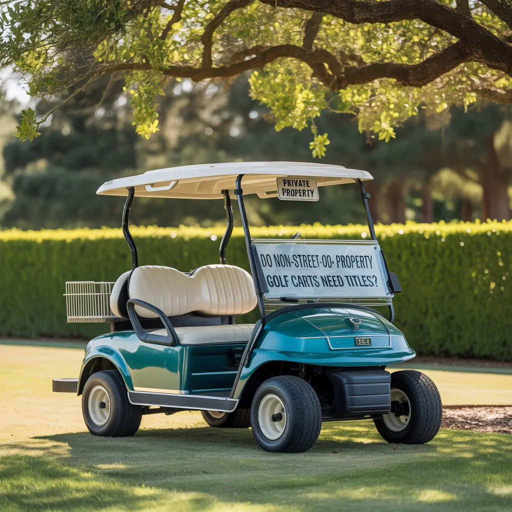 Golf cart parked on private property with sign asking, "Do Non-Street-Legal or Private Property Golf Carts Need Titles?