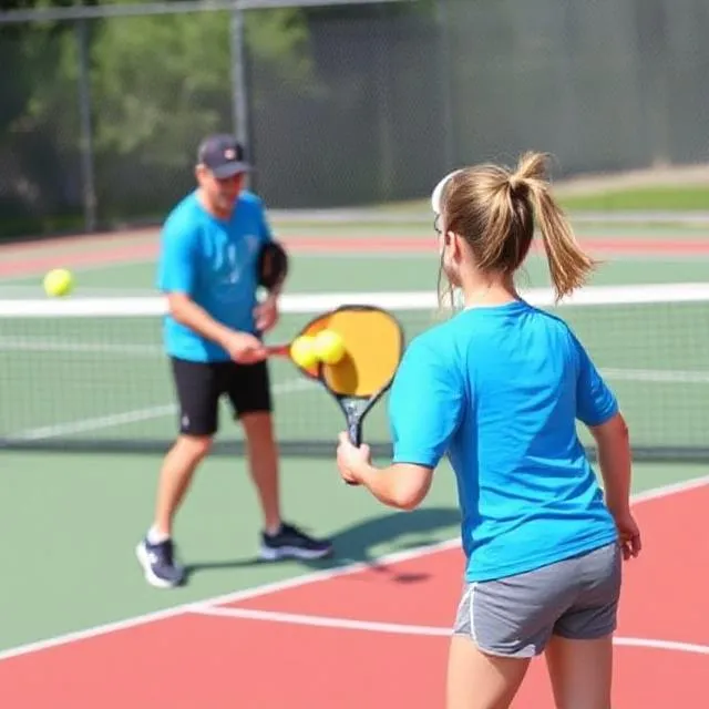 Drills and practice tips for two-person games shown with players training on outdoor pickleball court