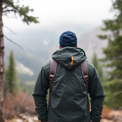 Hiker wearing jacket and backpack in mountains, showing essential hiking clothing layers for outdoor comfort.