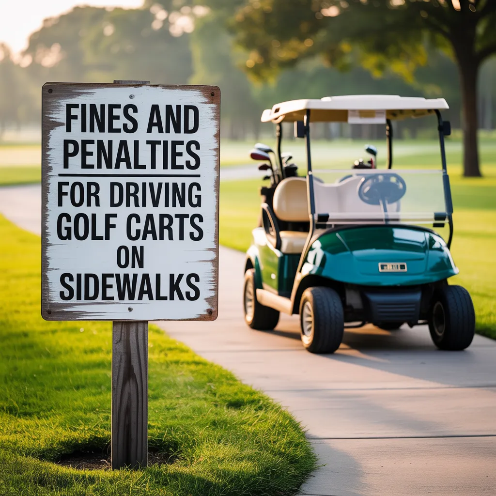 Warning sign near a golf cart showing Fines and Penalties for Driving Golf Carts on Sidewalks.