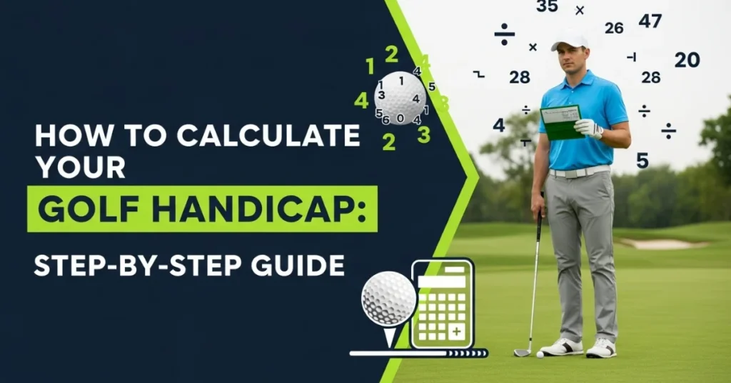 How do you calculate a golf handicap step-by-step guide with golfer, scorecard, and calculator illustration.