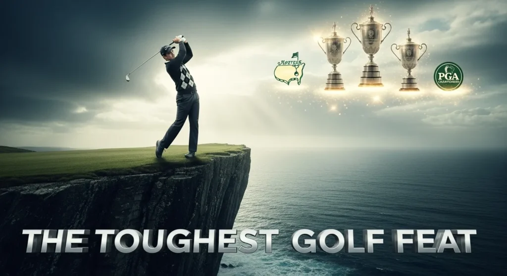 Golfer aiming for trophies on a cliff, symbolizing what is a grand slam in golf and its toughest achievement