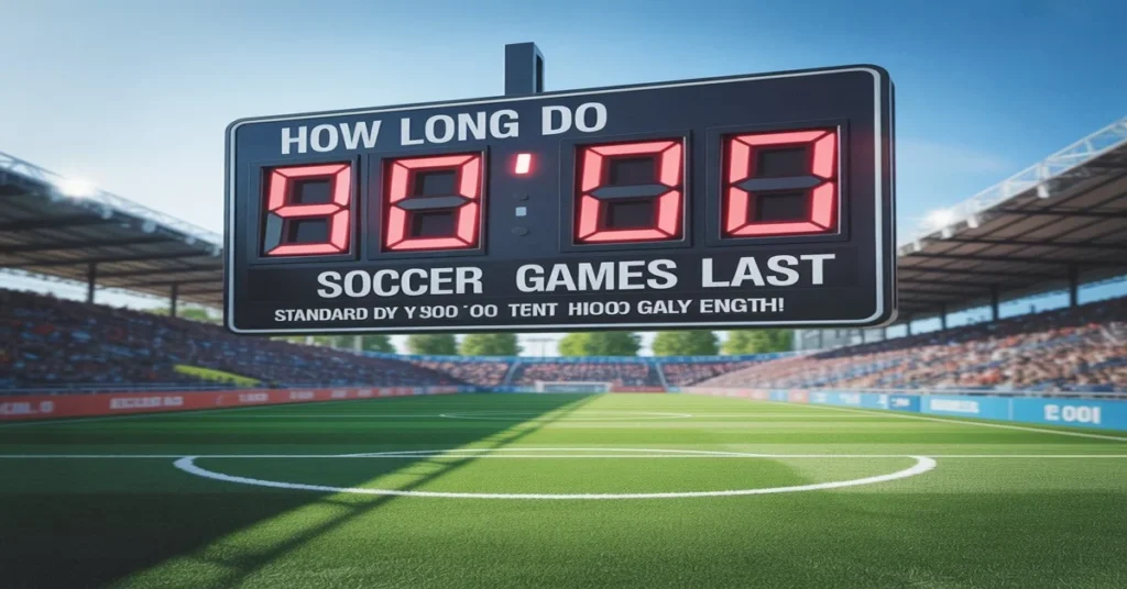 Scoreboard on soccer field showing 90 minutes, explaining how long do soccer games last with standard match duration.