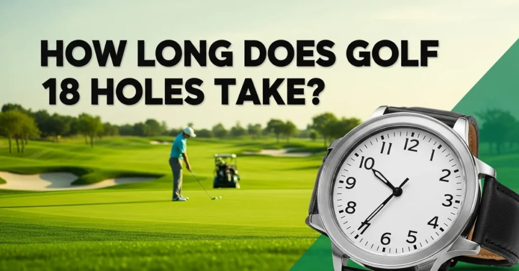 Image showing a golfer on a course with a watch, highlighting the question: How long does golf 18 holes take?