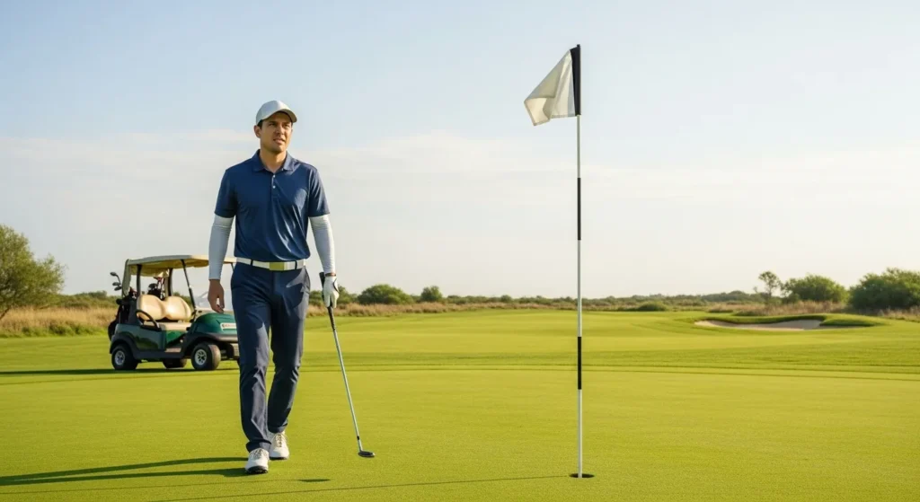 Golfer walking on green near flag and cart, representing how long does golf 18 holes take for a typical round.