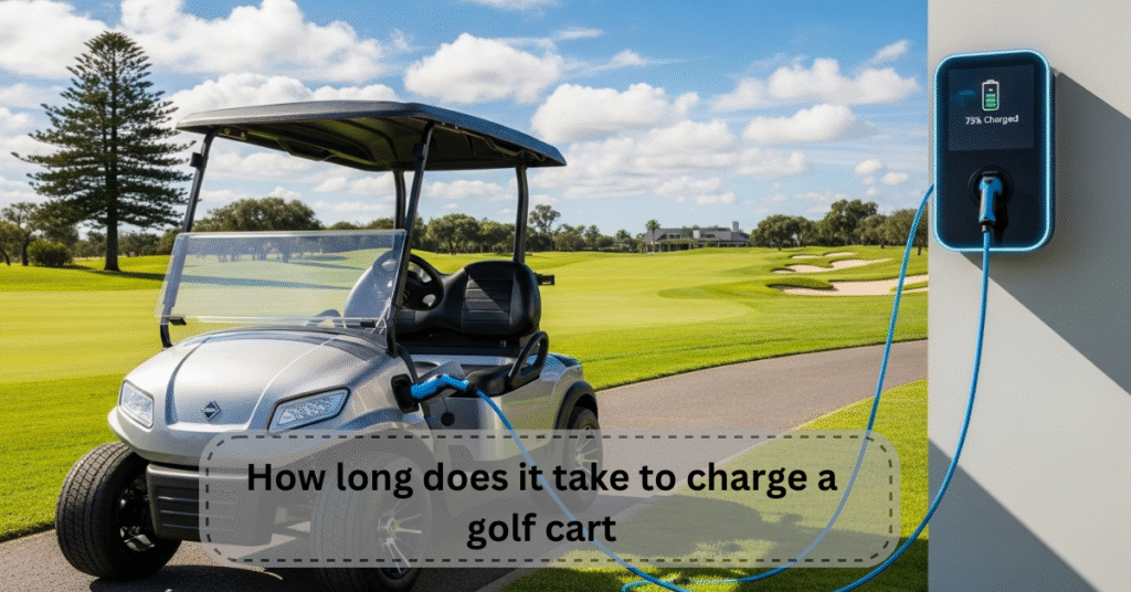 Golf cart charging on a golf course with 75% charge — showing how long it takes to charge a golf cart in real conditions