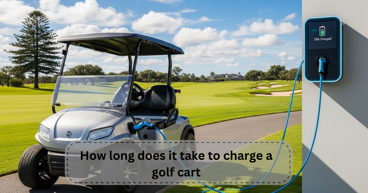 Golf cart charging on a golf course with 75% charge — showing how long it takes to charge a golf cart in real conditions