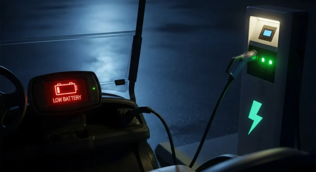 Low battery golf cart charging at night — showing how long does it take to charge a golf cart from dead batteries