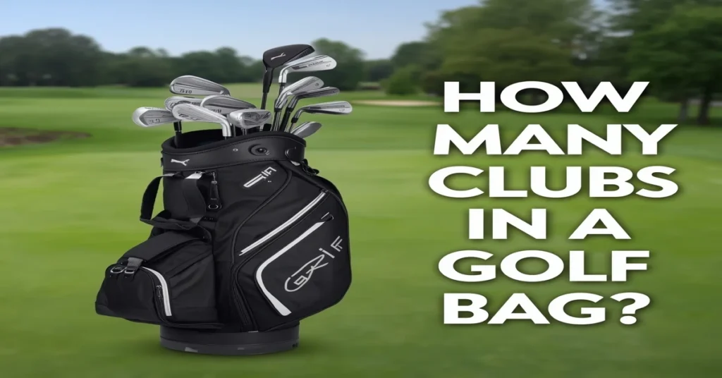 How many clubs in a golf bag explained with a professional golf bag and clubs on a golf course background.