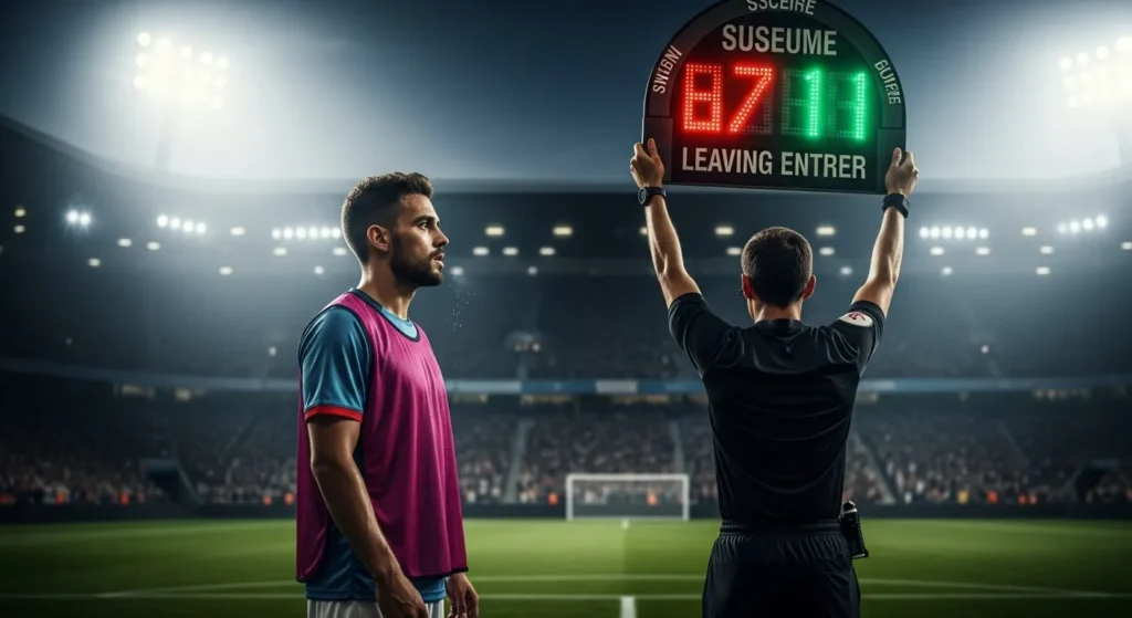 Soccer player substitution during a match, illustrating how many players are on a soccer team in action.